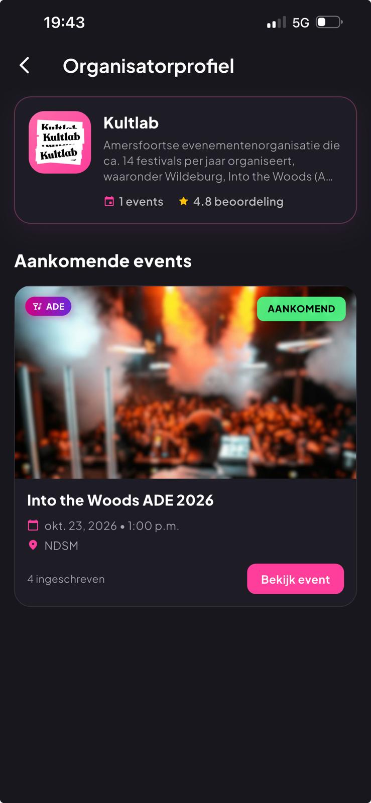 Een festival zoeken in de Stuubs-app