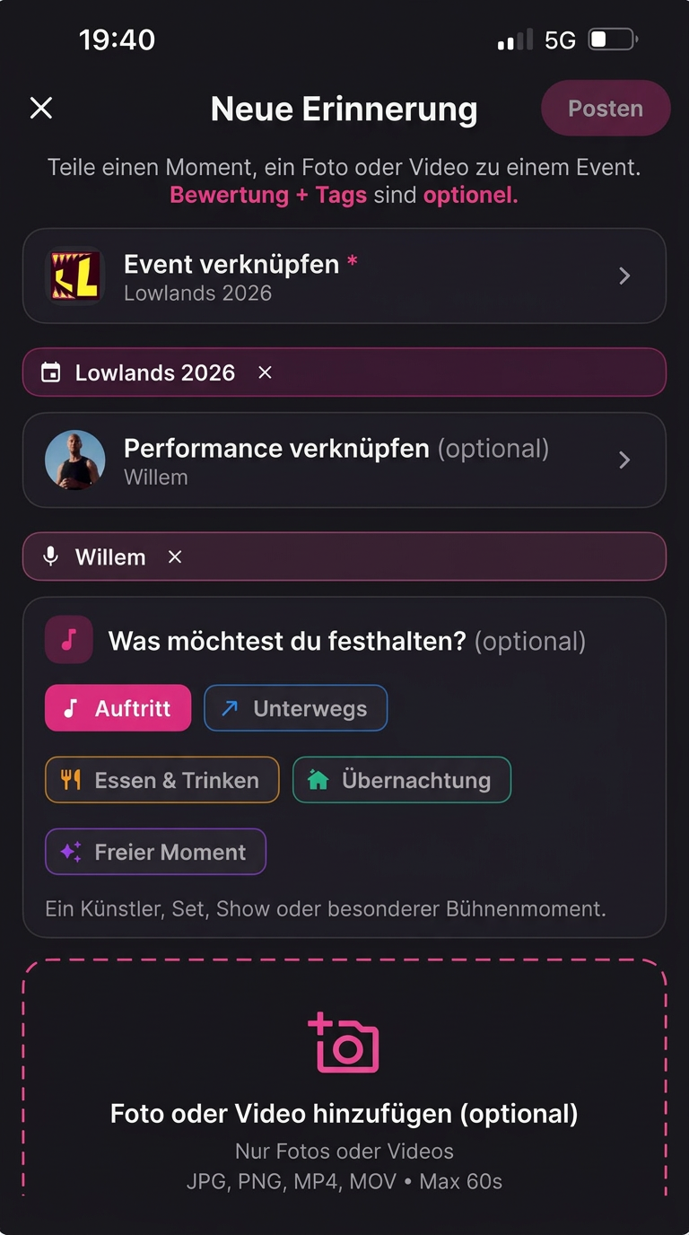 Eine Festival-Erinnerung mit Fotos in Stuubs hinzufügen
