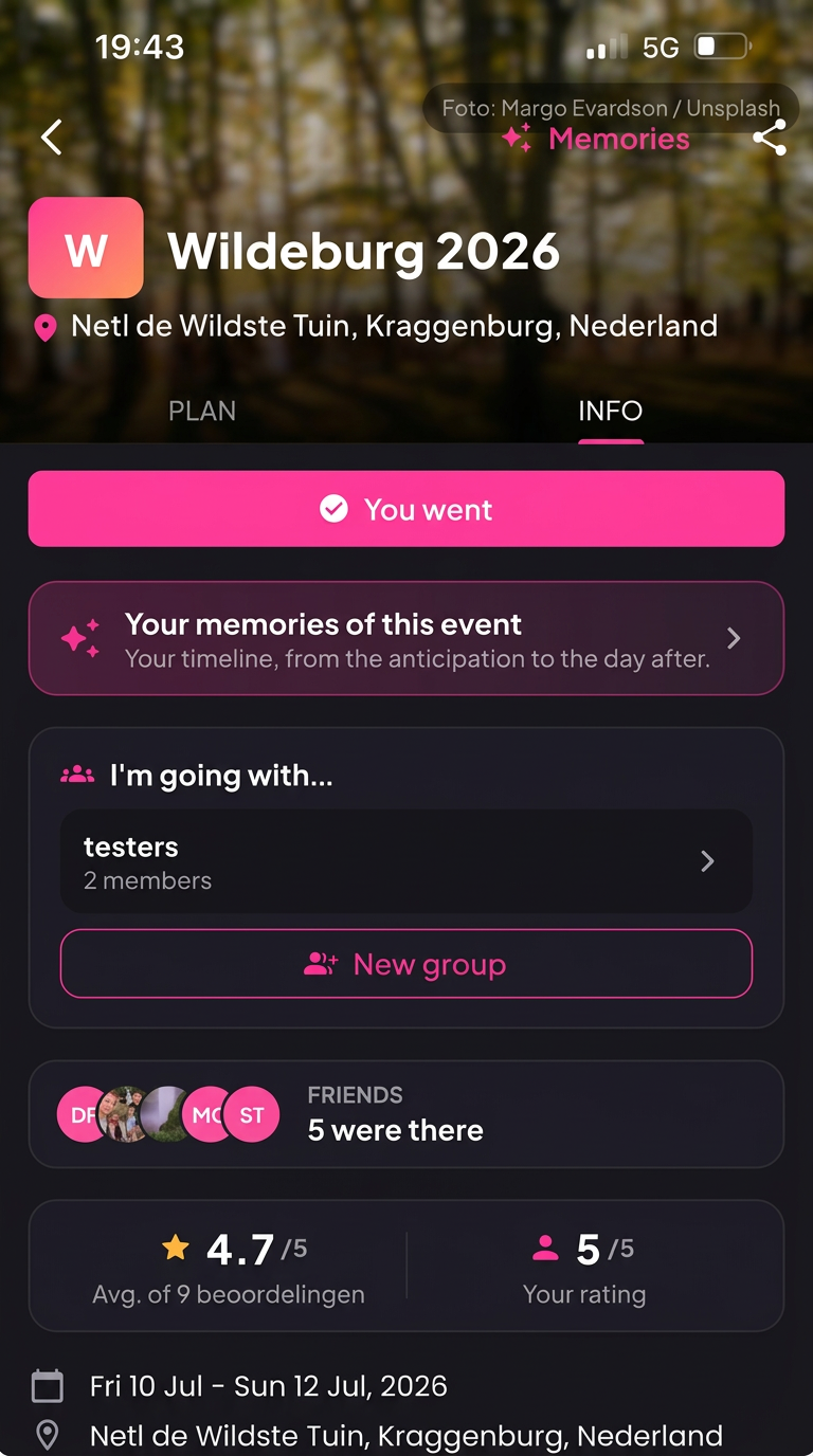 Stuubs event group showing friends' picks