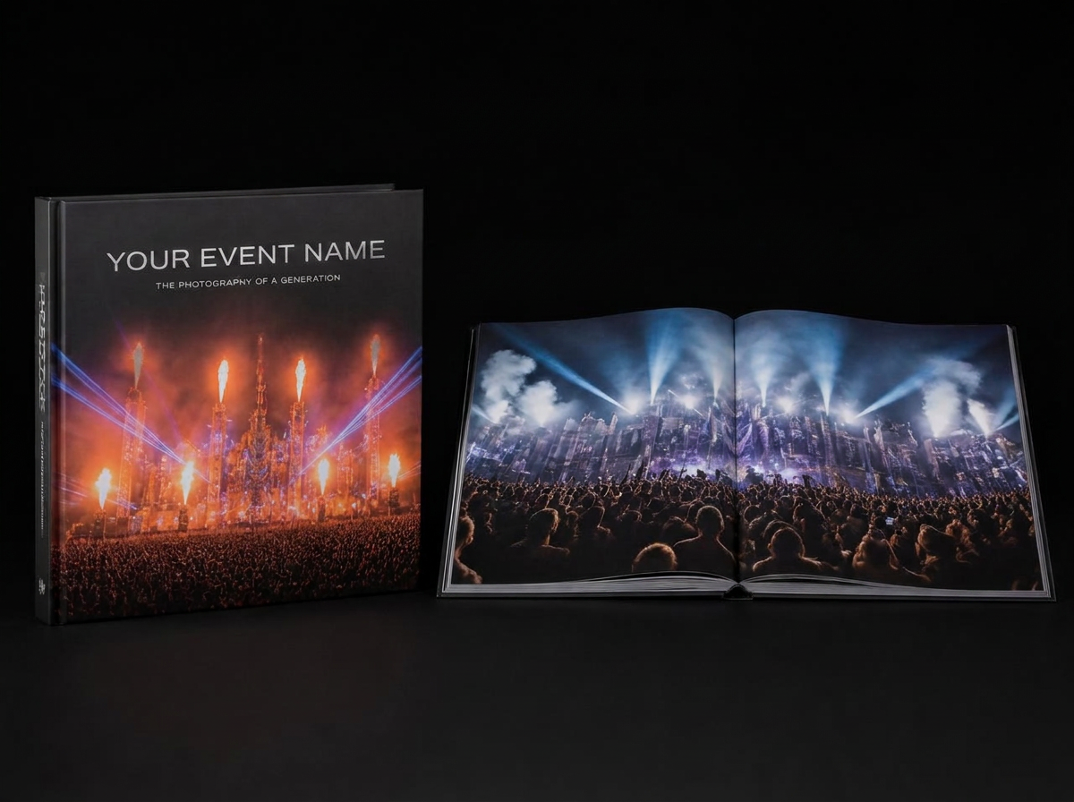 Closed and opened Stuubs event photobook on a black background